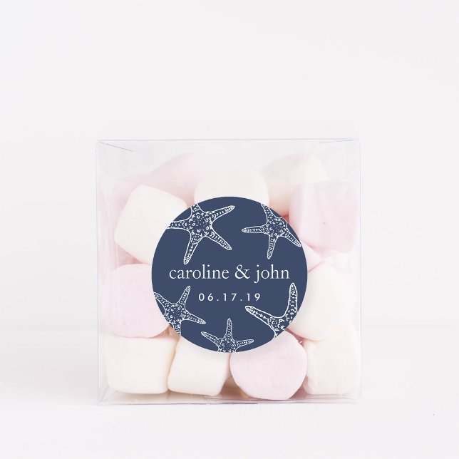Navy & White Starfish Personalized Wedding Classic Round Sticker (Creator Uploaded)