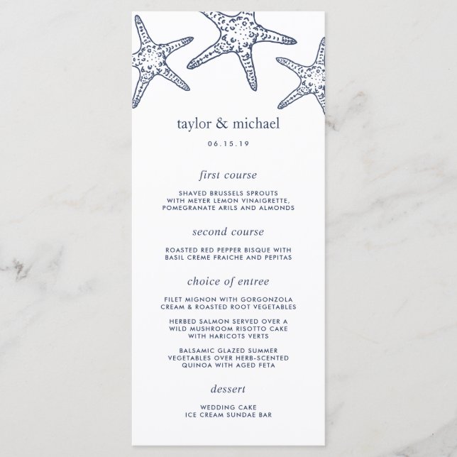 Navy & White Starfish Wedding Menu Card (Front)