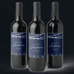 Navy & White String Lights Snow Merry Christmas Wine Label<br><div class="desc">Celebrate the season with this stylish custom Christmas wine label. This label design features "Merry Christmas" text and a festive snowflake and string lights background. You can personalize the text. More holiday stationery and party supplies are available at my shop BaraBomDesign.</div>