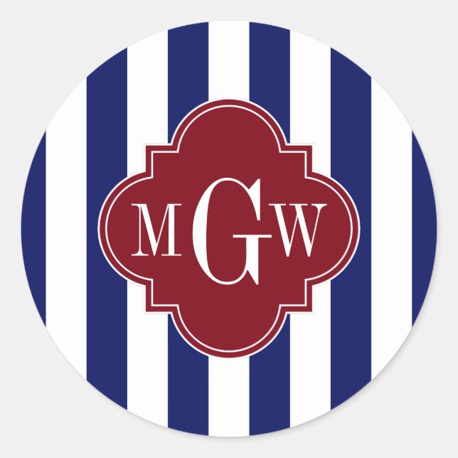 Navy White Stripe Burgundy Quatrefoil 3 Monogram Classic Round Sticker (Front)