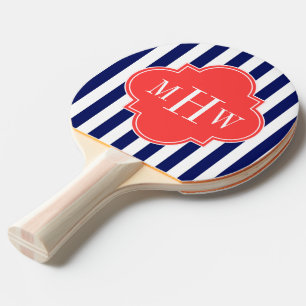 Navy White Stripe Coral Red Quatrefoil 3 Monogram Ping Pong Paddle