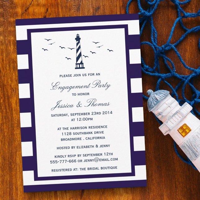 Navy & White Stripe Lighthouse Nautical Engagement Invitation (Creator Uploaded)
