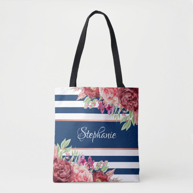 Navy White Stripe Modern Floral Personalized Tote Bag (Front)