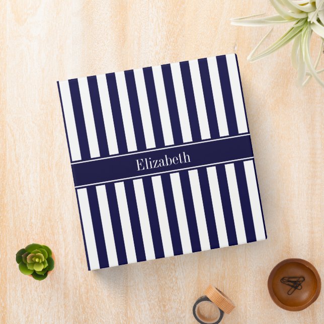 Navy White Stripe Navy Blue Ribbon Name Monogram Binder (In Situ)