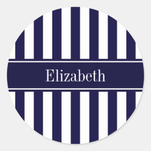 Navy White Stripe Navy Blue Ribbon Name Monogram Classic Round Sticker