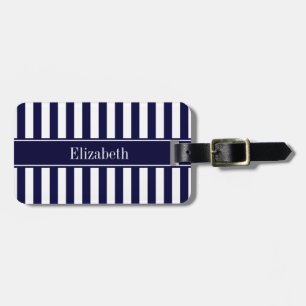 Navy White Stripe Navy Blue Ribbon Name Monogram Luggage Tag