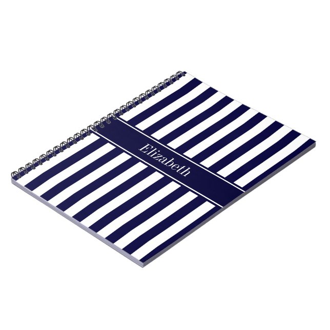 Navy White Stripe Navy Blue Ribbon Name Monogram Notebook (Left Side)