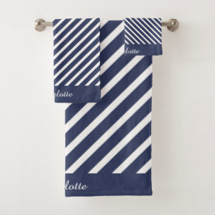 NAVY WHITE STRIPE PERSONALIZED BATHROOM TOWEL SET