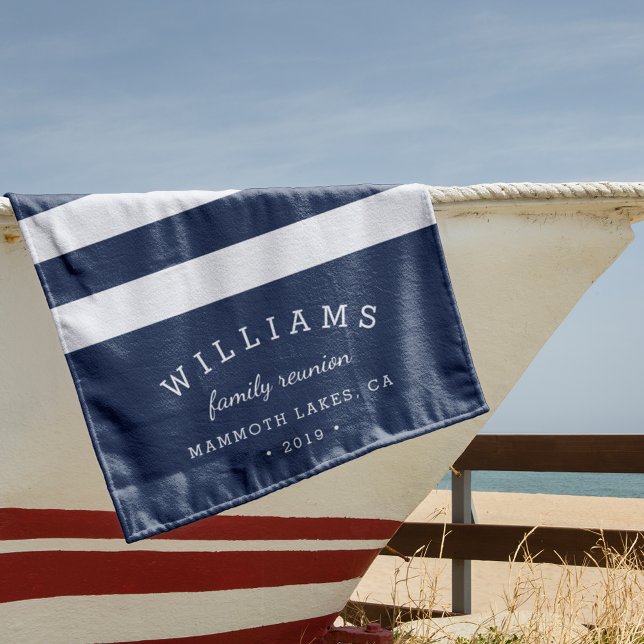Navy & White Stripe Personalized Family Reunion Beach Towel (Creator Uploaded)