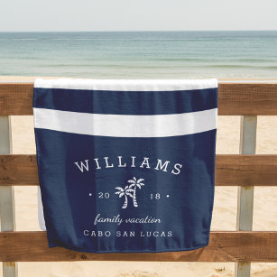 Navy & White Stripe Personalized Family Vacation Beach Towel