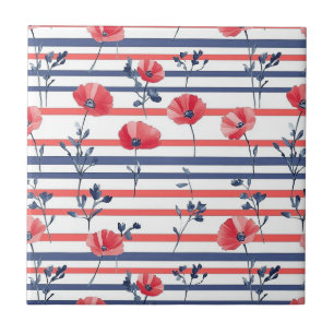 Navy White Stripe Red Poppy Coastal Floral Tile