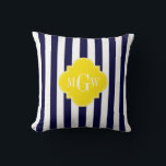 Navy White Stripe Yellow Quatrefoil 3 Monogram Throw Pillow<br><div class="desc">Navy Blue and White Stripe Pattern, Yellow Quatrefoil 3 Initial Monogram Customize the label with a three initial monogram or change the design to add your name or other text. You can also change the font, adjust font sizes and font colours, move the text, add additional text fields, etc. If...</div>