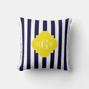Navy White Stripe Yellow Quatrefoil 3 Monogram Throw Pillow