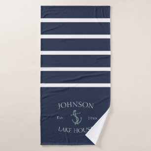 Navy White Striped Anchor Lake House Bath Towel