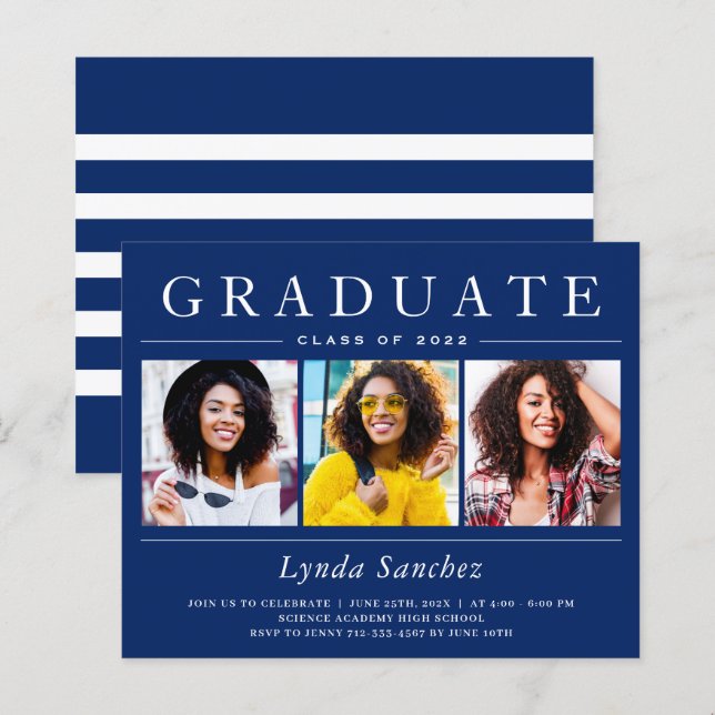 Navy White Stripes 3 Photo Graduation Invitations (Front/Back)