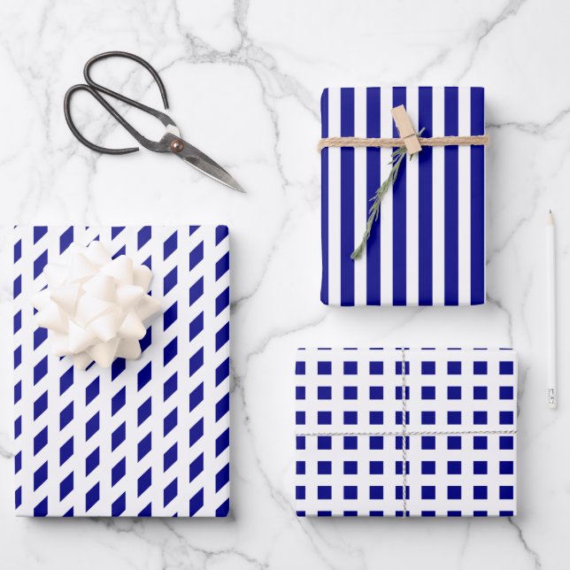 Navy white stripes check diamond geometric pattern wrapping paper sheet (Front)