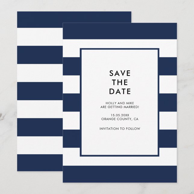Navy White Stripes Chic Simple Modern Minimal Invitation (Front/Back)