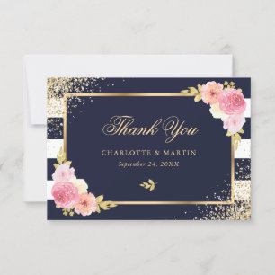 Navy White Stripes Gold Blush Pink Floral Wedding Thank You Card