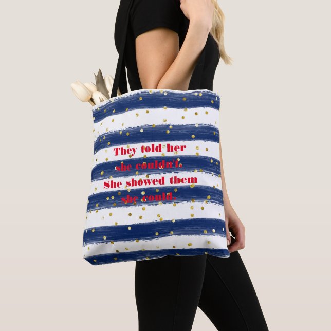 Navy, White, Stripes, Gold Confetti Tote Bag (Close Up)