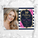 Navy White Stripes Gold Pink Photo 50th Birthday Invitation<br><div class="desc">Elegant floral feminine 50th birthday invitation with your photo. Glam navy white pink design with faux glitter gold. Features navy blue and white stripes, pink roses, script font and confetti. Perfect for a stylish adult bday celebration party. Personalise with your own details. Can be customised for any age! Printed Zazzle...</div>