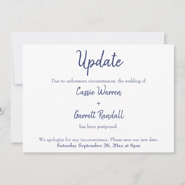 Navy White "Update" Postponed Wedding Card (Front)