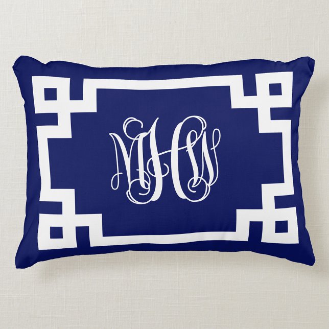 Navy White Vine Script Monogram Greek Key DIY BG Accent Pillow (Creator Uploaded)