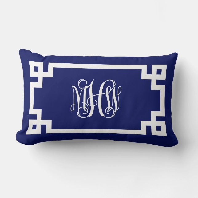 Navy White Vine Script Monogram Greek Key DIY BG Lumbar Pillow (Front)