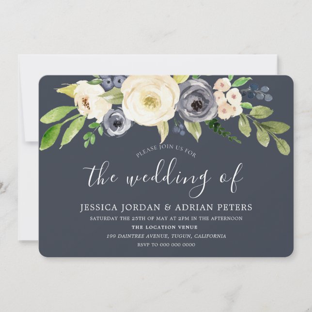Navy & White Watercolor Flowers Modern Wedding Invitation (Front)
