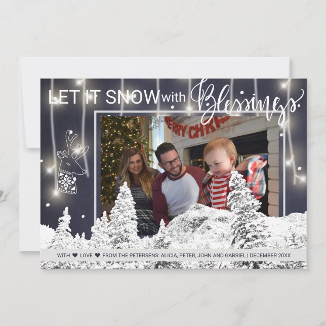 Navy White Winter Wonderland 3 Family Photo Holiday Card (Front)