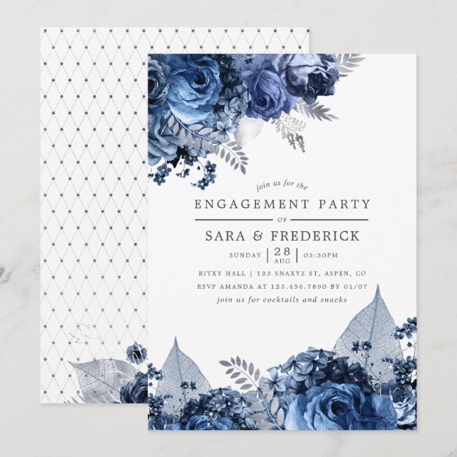 Navy & White with Silver Foil Engagement Party Invitation (Front/Back)