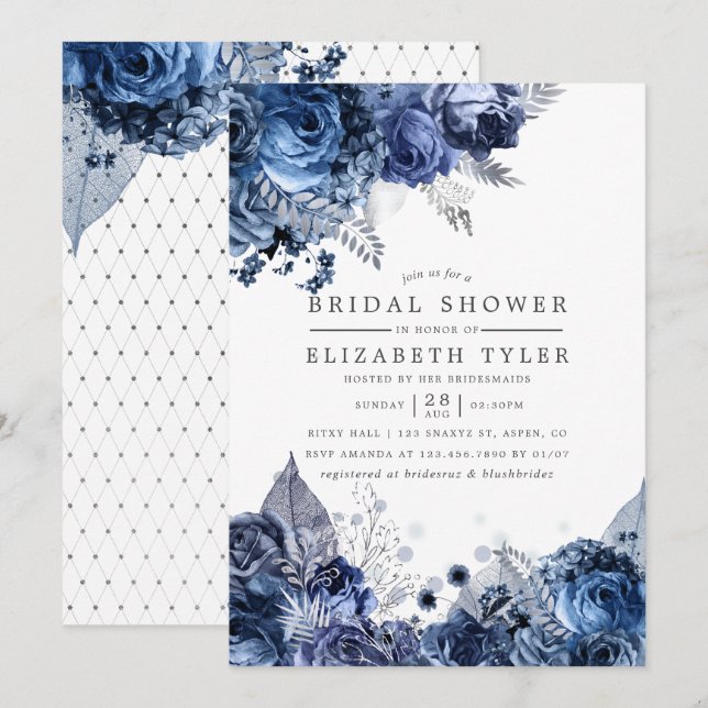 Navy & White with Silver Foil Floral Bridal Shower Invitation (Front/Back)