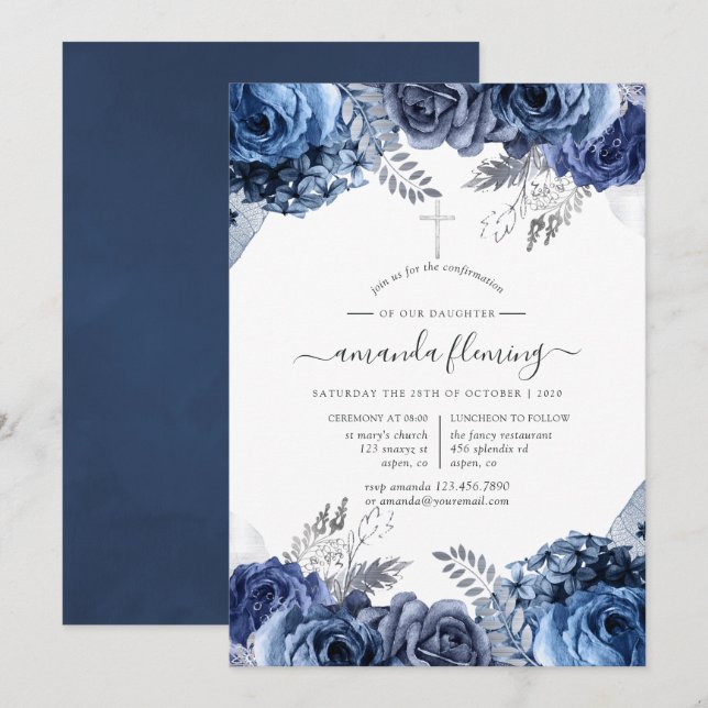 Navy & White with Silver Foil Floral Confirmation Invitation (Front/Back)