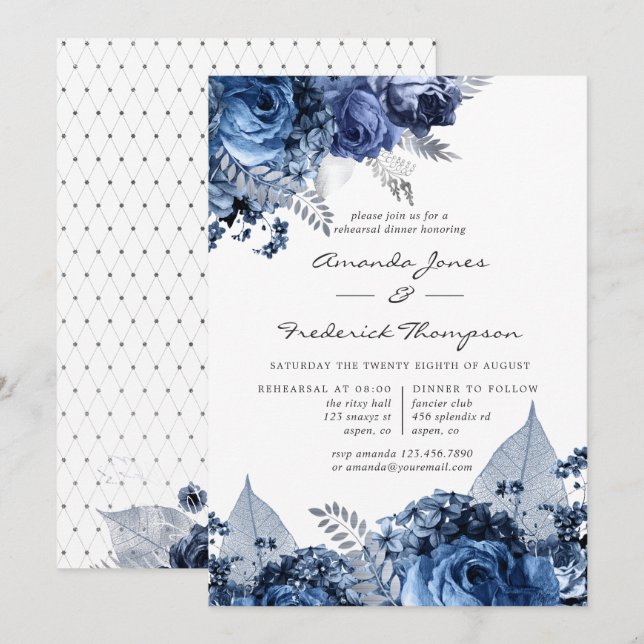 Navy & White with Silver Foil Rehearsal Dinner Invitation (Front/Back)