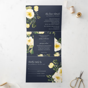NAVY WHITE YELLOW PEONY FLORAL WATERCOLOR WEDDING Tri-Fold INVITATION