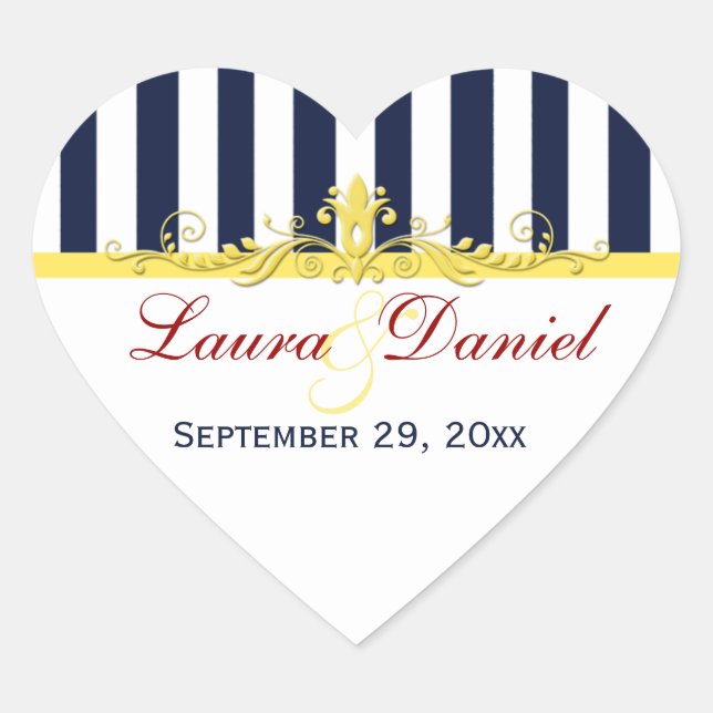 Navy White Yellow Stripes Scroll Wedding Sticker (Front)