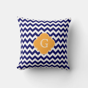 Navy Wht Chevron Cantaloupe Quatrefoil Monogram Throw Pillow