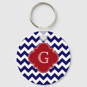 Navy Wht Chevron Cranberry Red Quatrefoil Monogram Keychain