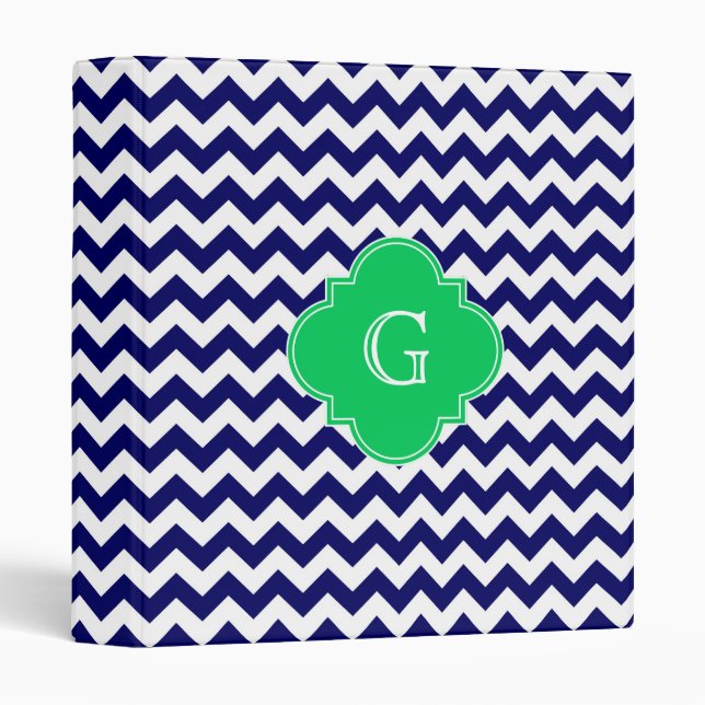 Navy Wht Chevron Emerald Green Quatrefoil Monogram Binder (Front/Spine)