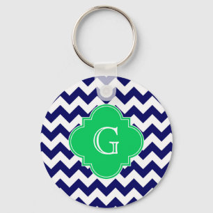 Navy Wht Chevron Emerald Green Quatrefoil Monogram Keychain