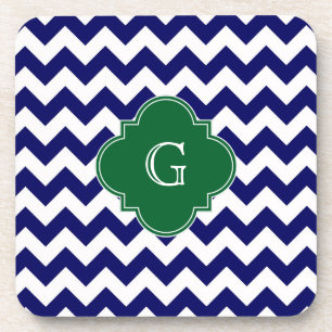Navy Wht Chevron Forest Green Quatrefoil Monogram Coaster