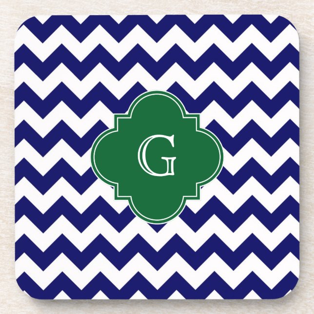 Navy Wht Chevron Forest Green Quatrefoil Monogram Coaster (Front)