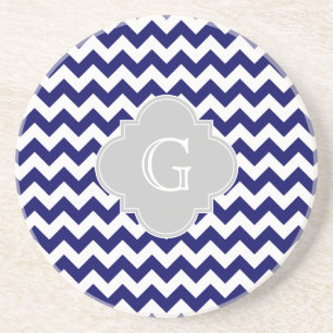 Navy Wht Chevron Grey Quatrefoil Monogram Coaster