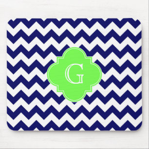 Navy Wht Chevron Lime Green Quatrefoil Monogram Mouse Pad