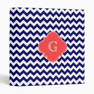 Navy Wht Chevron Zigzag Coral Quatrefoil Monogram Binder