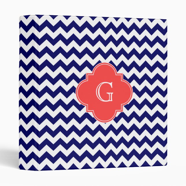 Navy Wht Chevron Zigzag Coral Quatrefoil Monogram Binder (Front/Spine)