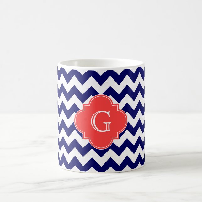 Navy Wht Chevron Zigzag Coral Quatrefoil Monogram Coffee Mug (Center)