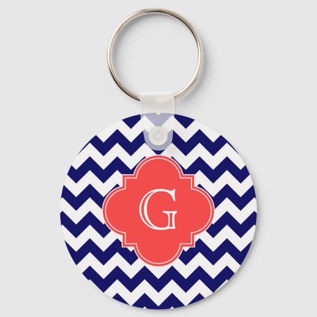 Navy Wht Chevron Zigzag Coral Quatrefoil Monogram Keychain (Front)