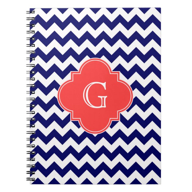 Navy Wht Chevron Zigzag Coral Quatrefoil Monogram Notebook (Front)