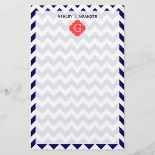 Navy Wht Chevron Zigzag Coral Quatrefoil Monogram Stationery