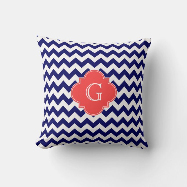 Navy Wht Chevron Zigzag Coral Quatrefoil Monogram Throw Pillow (Front)